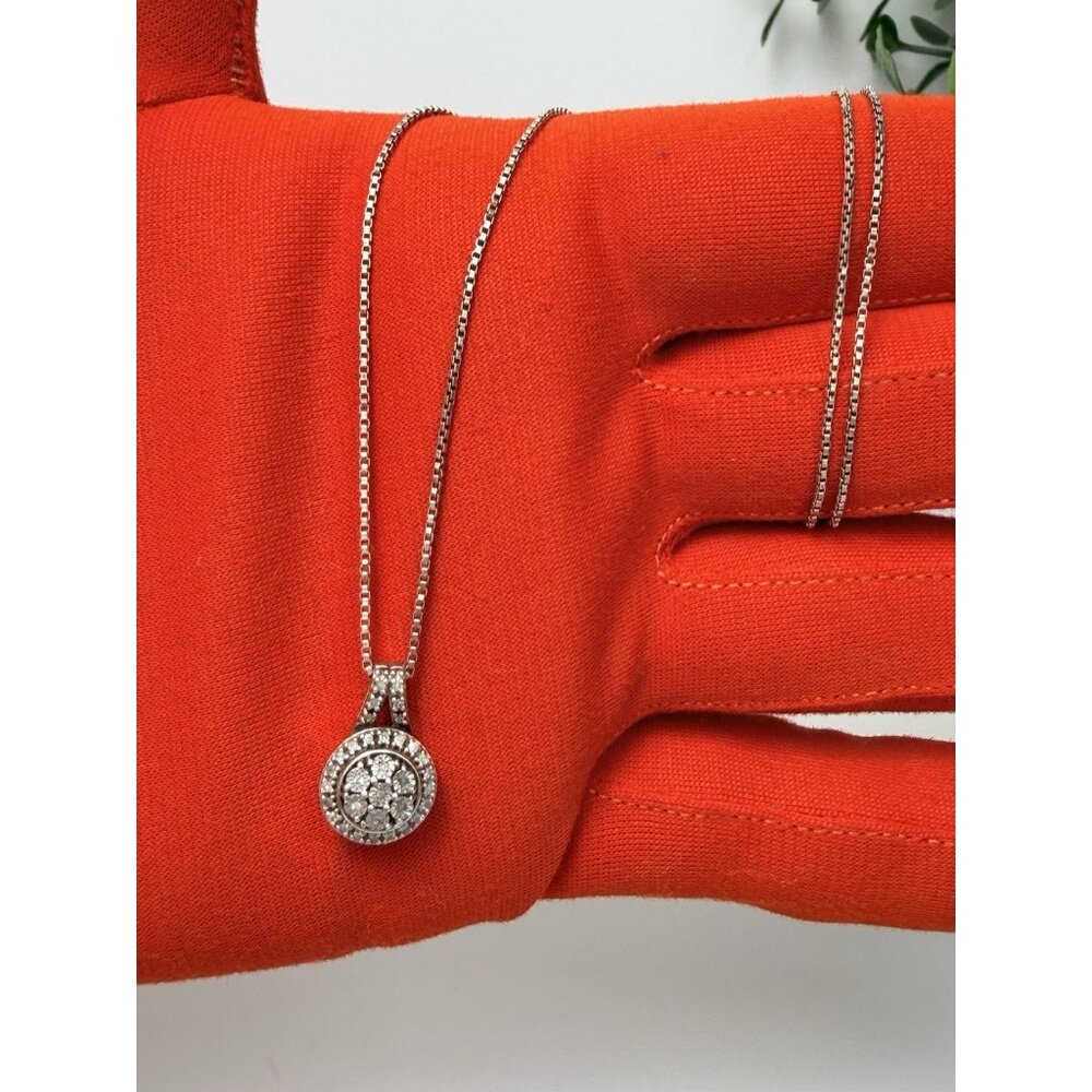 SUN 925 Sterling Silver Diamond Floral Drop Dangle Circle Pendant Necklace